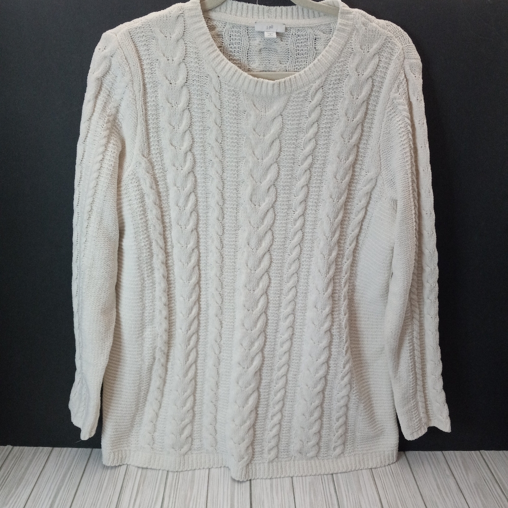 J. Jill Bone White Chenille Cableknit Fisherman Pullover Sweater